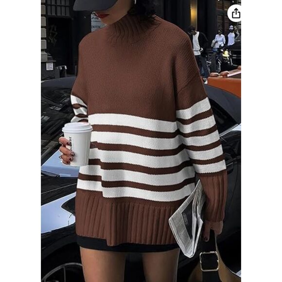 Women's Brown Striped Turtleneck Knit Long Sleeve Sweater, Oversized, Large - Picture 6 of 7